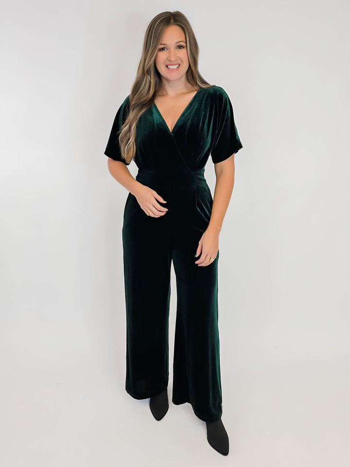SURPLICE NECK VELVET JUMPSUIT - HUNTER GREEN