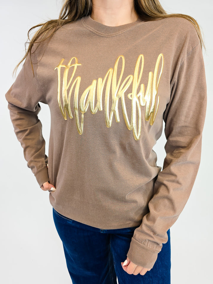 GOLD METALLIC 'THANKFUL' LONG SLEEVE TEE - ESPRESSO