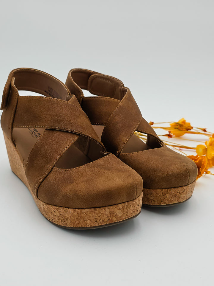 CORKY'S 'CASE CLOSED' WEDGE SANDALS - TAN