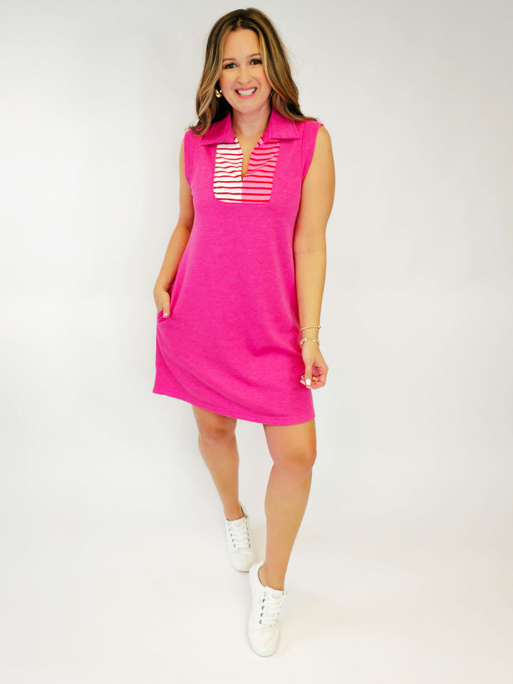 COLLARED KNIT STRIPED COLOR BLOCK DRESS - RED