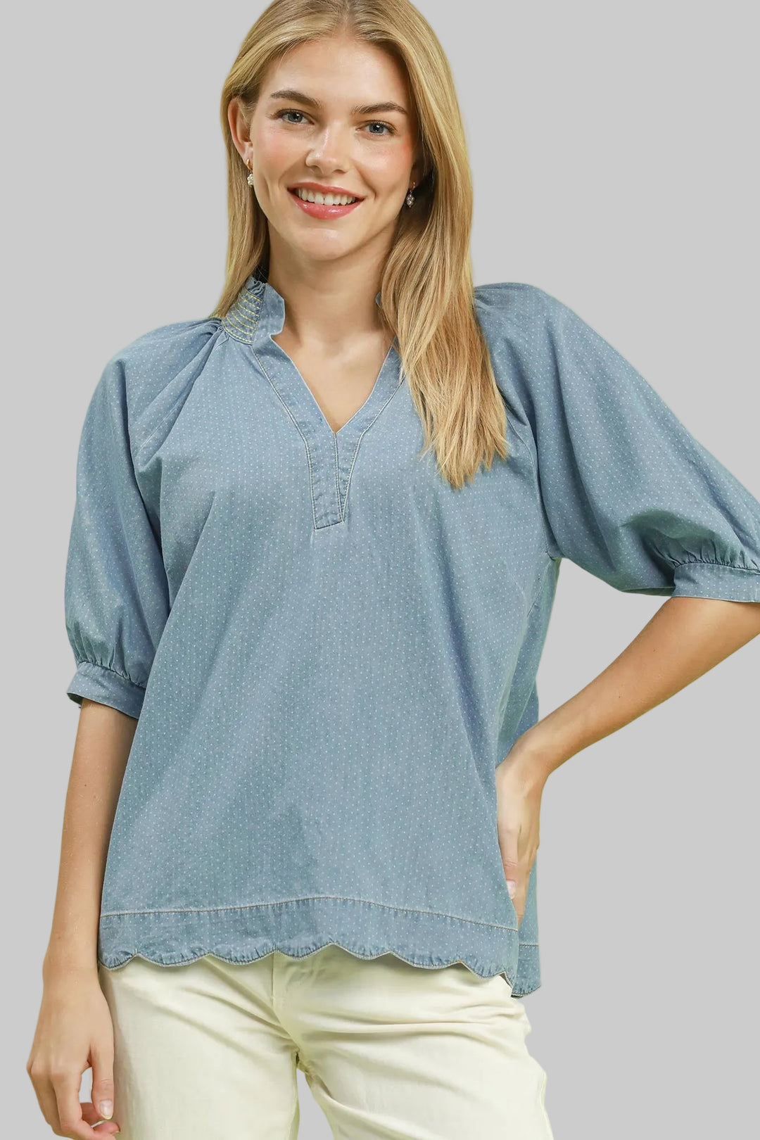PUFF SHORT SLEEVE PIN DOT CHAMBRAY TOP - LIGHT DENIM