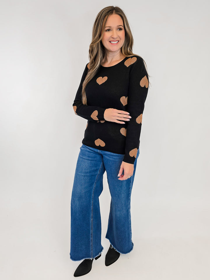 LONG SLEEVE METALLIC HEART SWEATER - BLACK