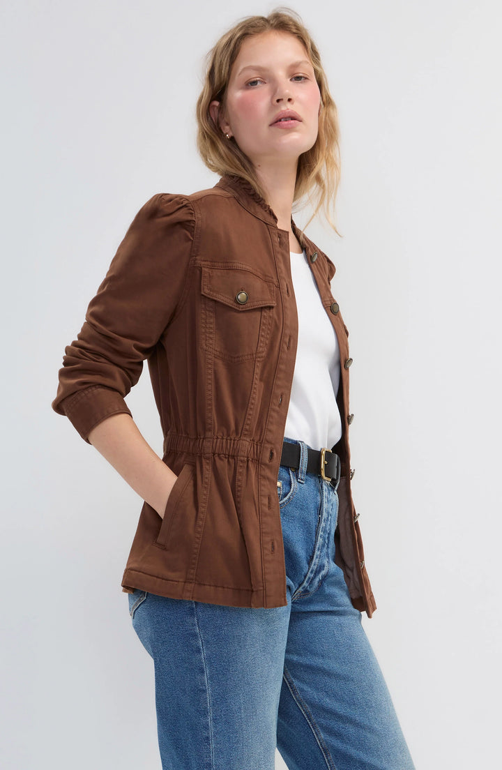PUFF SLEEVE TRUCKER JACKET W/RUFFLE COLLAR - CAROB BROWN