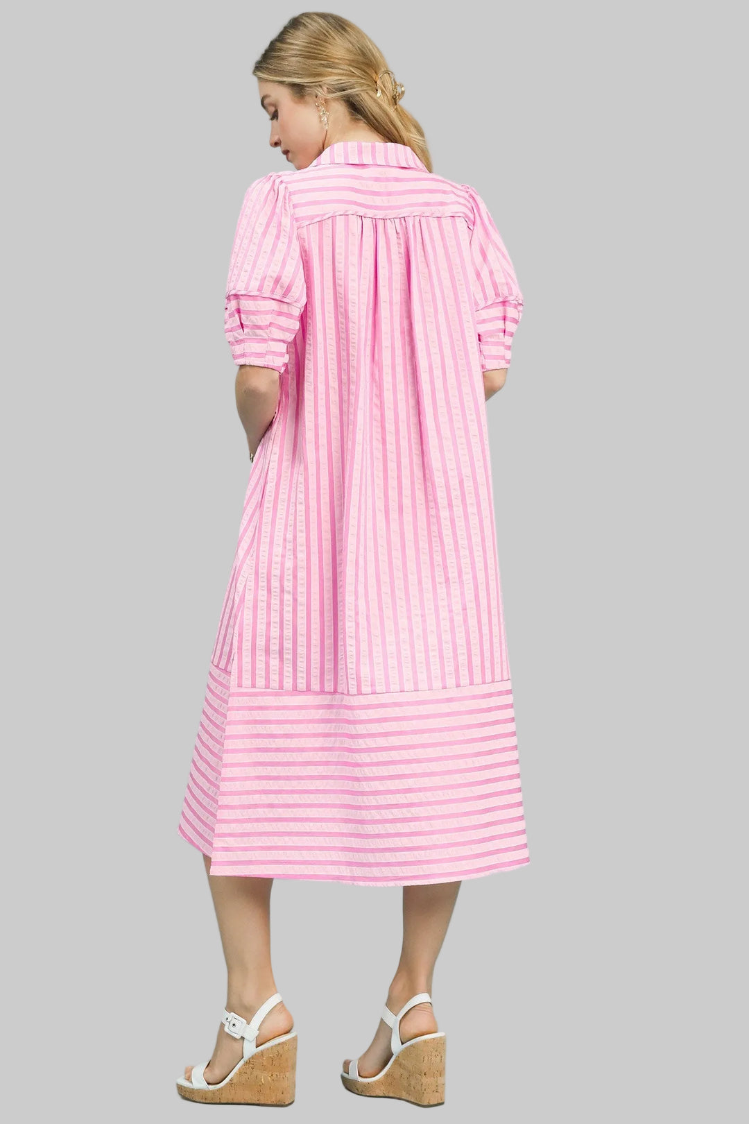 PUFF SLEEVE STRIPED MIDI DRESS - PEONY