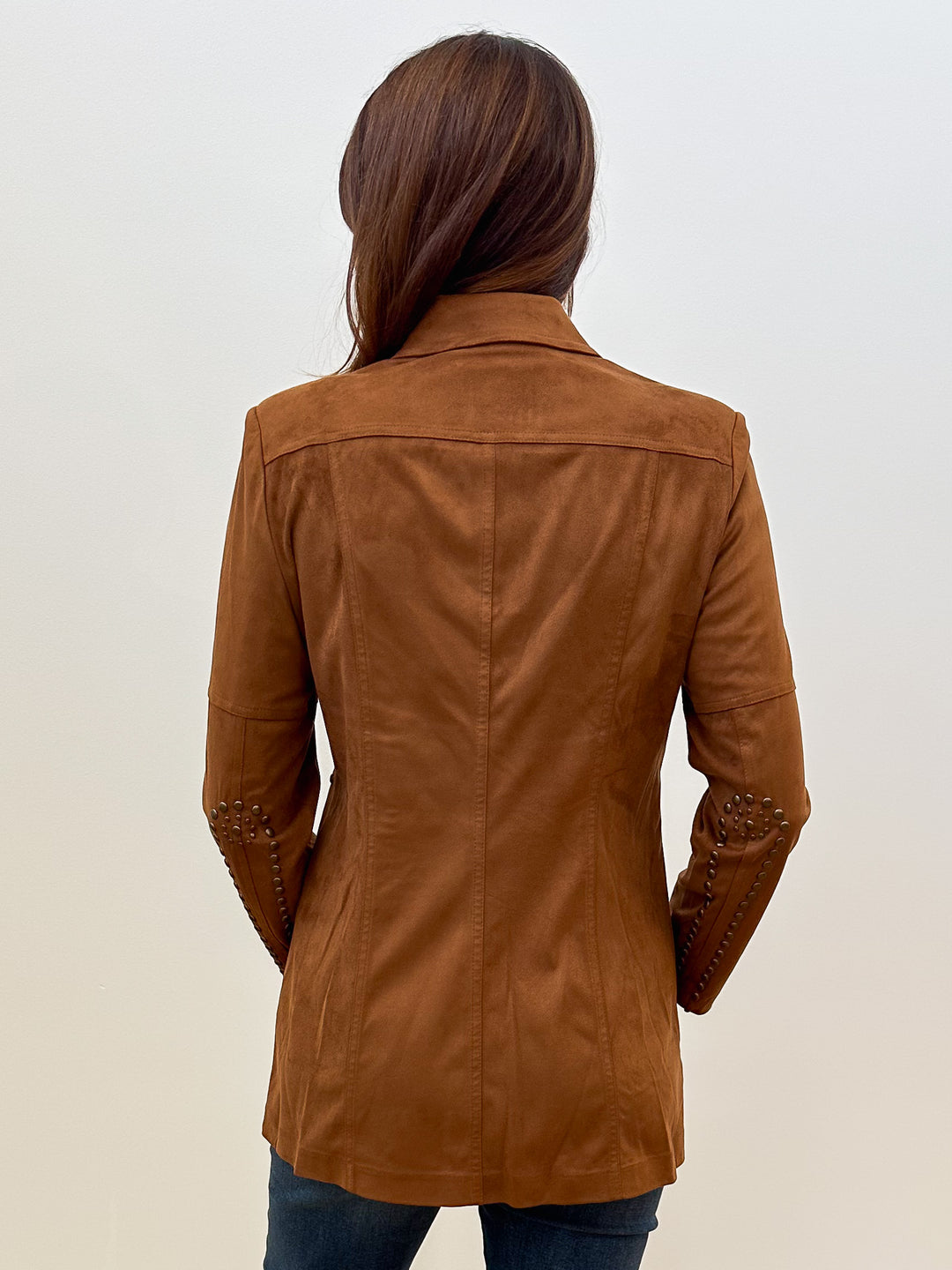 STUDDED BUTTON FRONT SUEDE LONG JACKET - BROWN