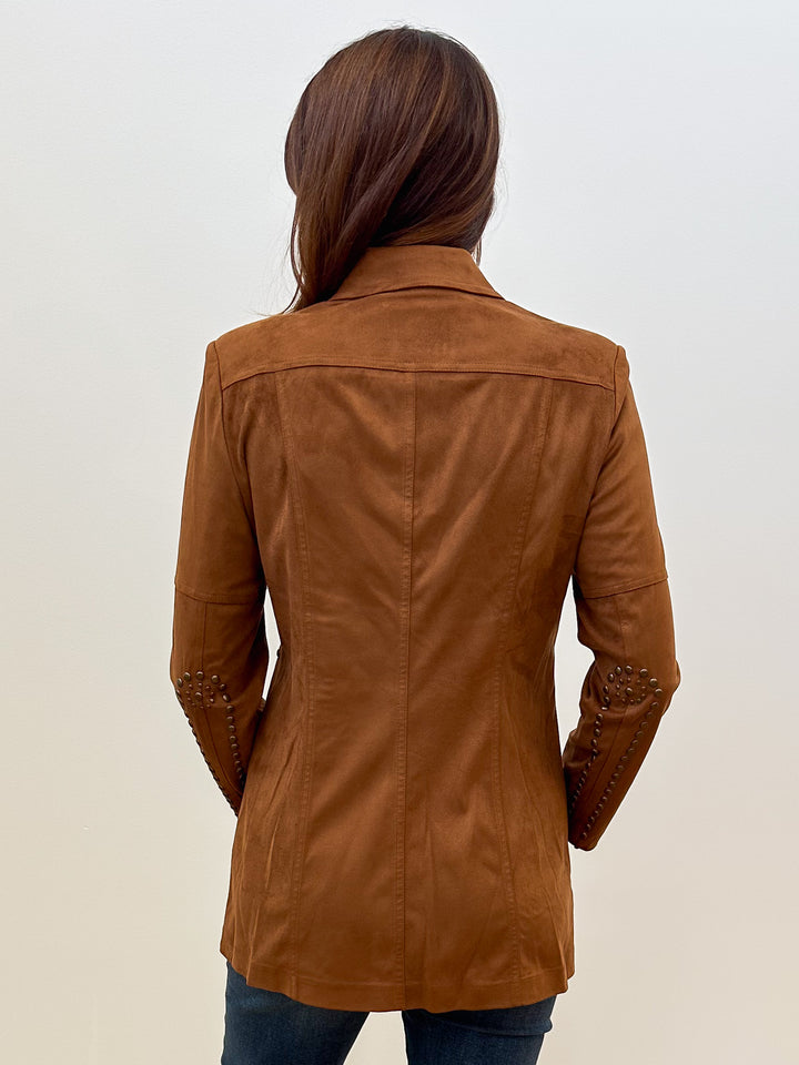 STUDDED BUTTON FRONT SUEDE LONG JACKET - BROWN
