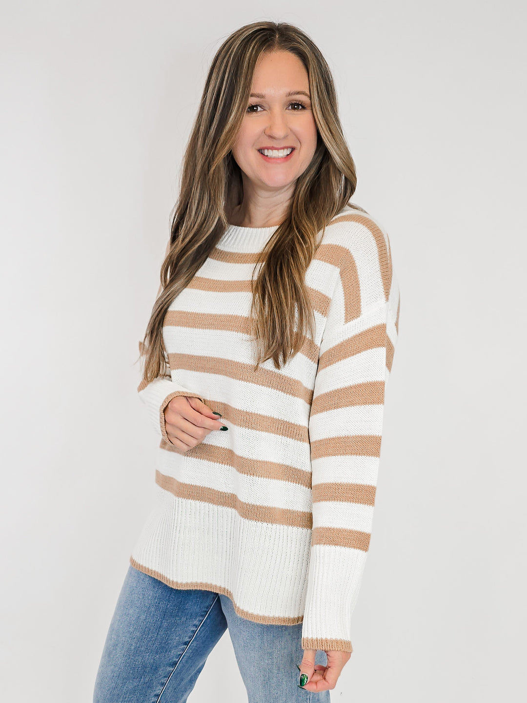 STRIPED TUNIC KNIT SWEATER - TAN/IVORY