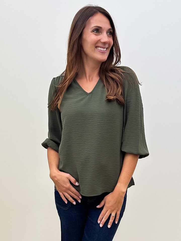 3/4 SLEEVE V-NECK RUFFLE COLLAR BLOUSE - OLIVE
