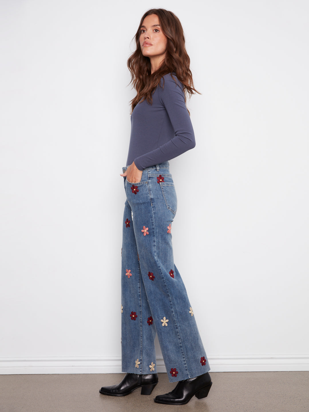 FLOWER PATCH STRETCH WIDE LEG PANTS - MEDIUM BLUE