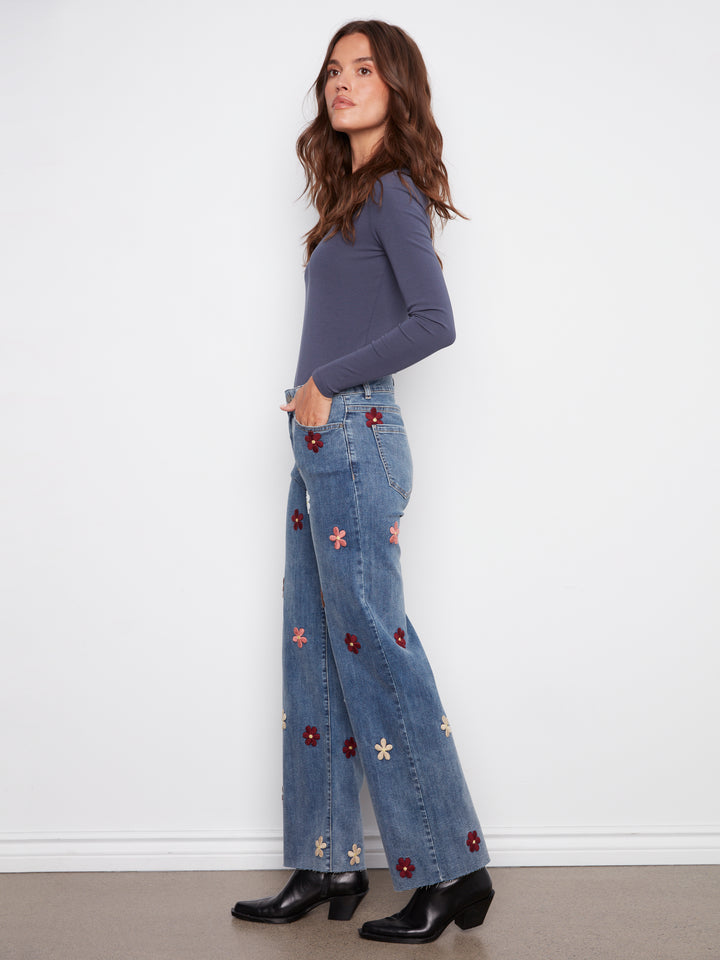 FLOWER PATCH STRETCH WIDE LEG PANTS - MEDIUM BLUE