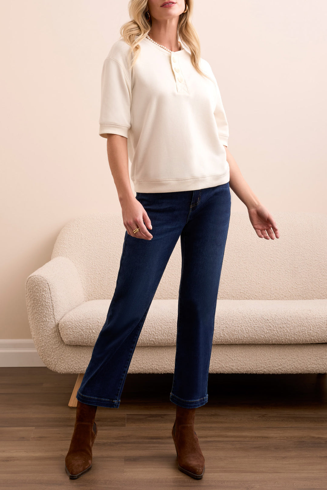 ELBOW SLEEVE CREW NECK TOP W/BUTTONS - CREAM