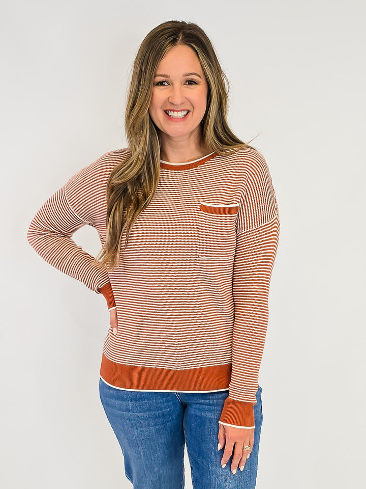 WAFFLE TEXTURED STRIPED PULLOVER SWEATER - COPPER
