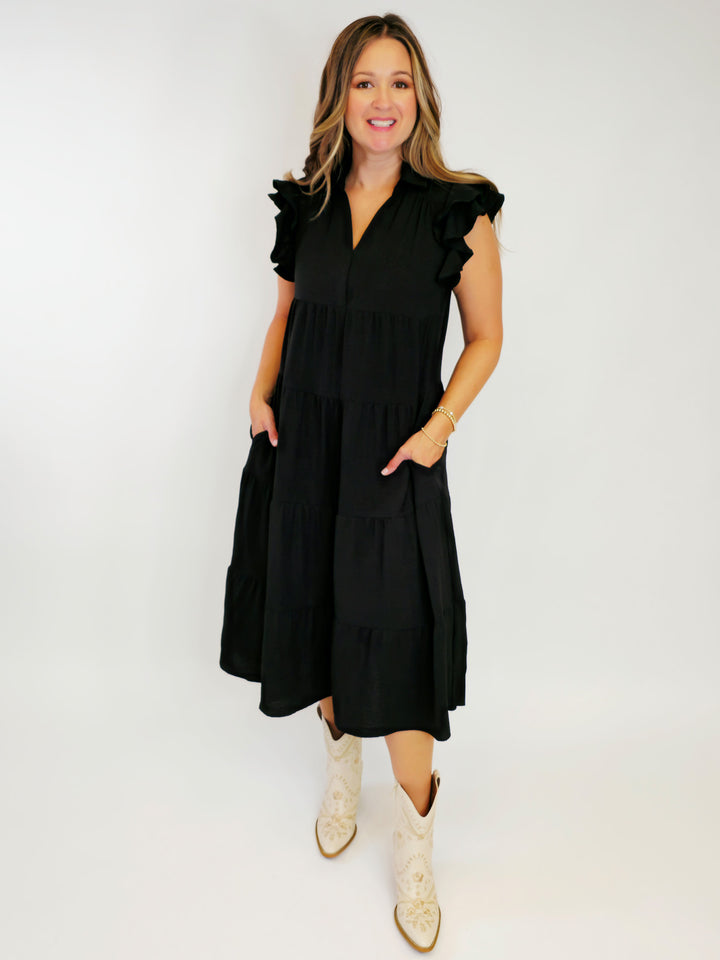 TIERED MIDI DRESS W/RUFFLE SLEEVES - BLACK
