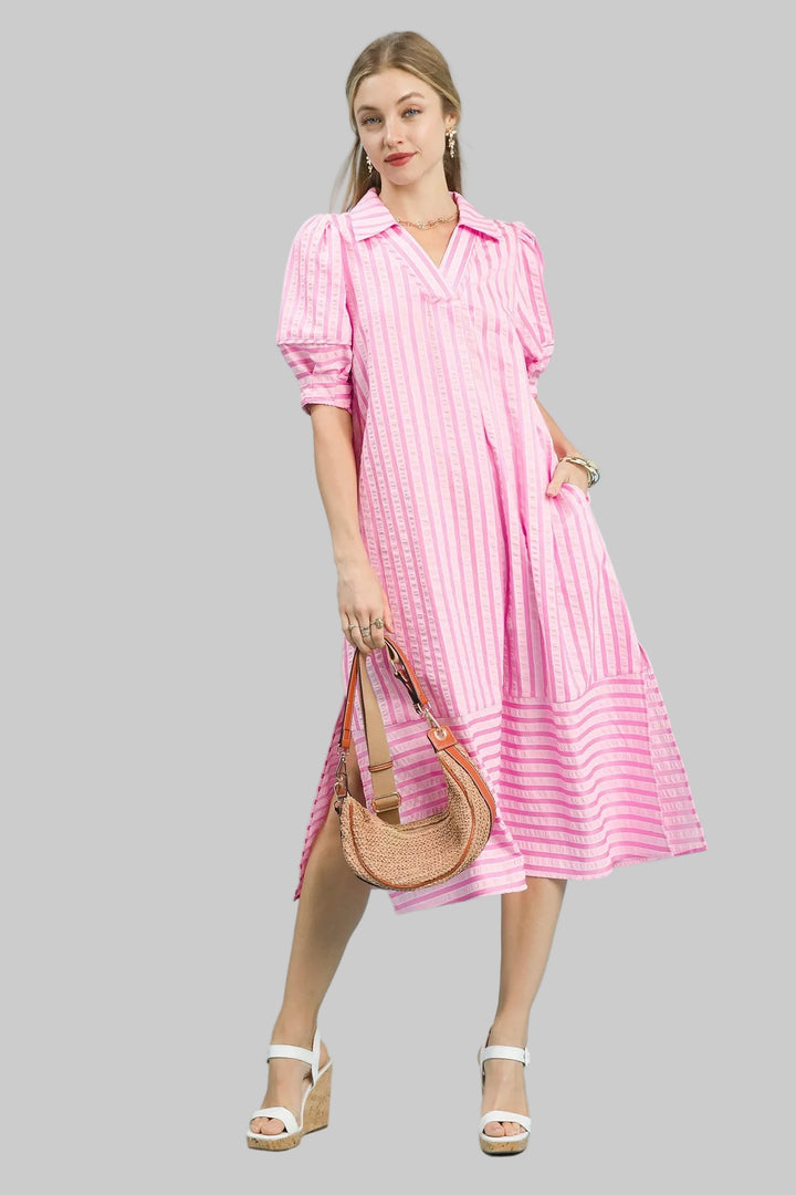 PUFF SLEEVE STRIPED MIDI DRESS - PEONY