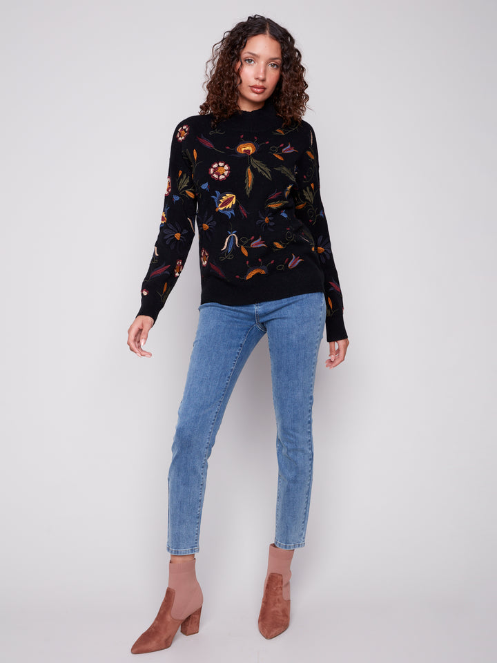 EMBROIDERED MOCK NECK SWEATER - BLACK