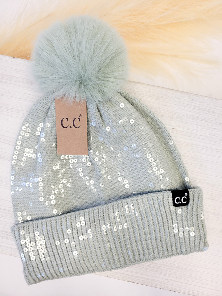 SEQUIN POM BEANIE HAT, DUSTY MINT