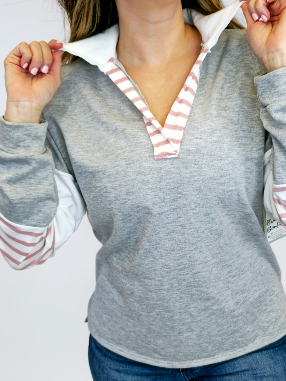 LONG SLEEVE COLOR BLOCK COLLARED TOP - PINK/GREY