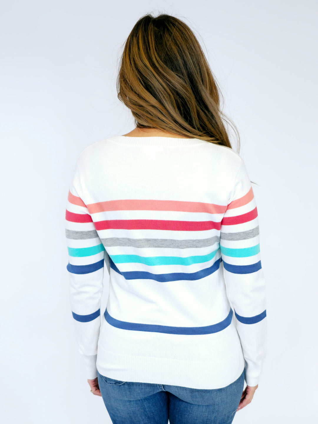 LONG SLEEVE MULTI STRIPED SWEATER - CORAL/JADE