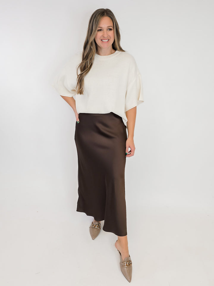 LONG SATIN SKIRT - BROWN