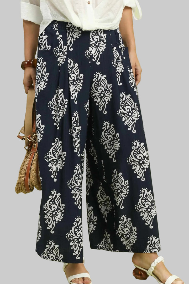 ABSTRACT PRINT WIDE LEG PANTS - NAVY
