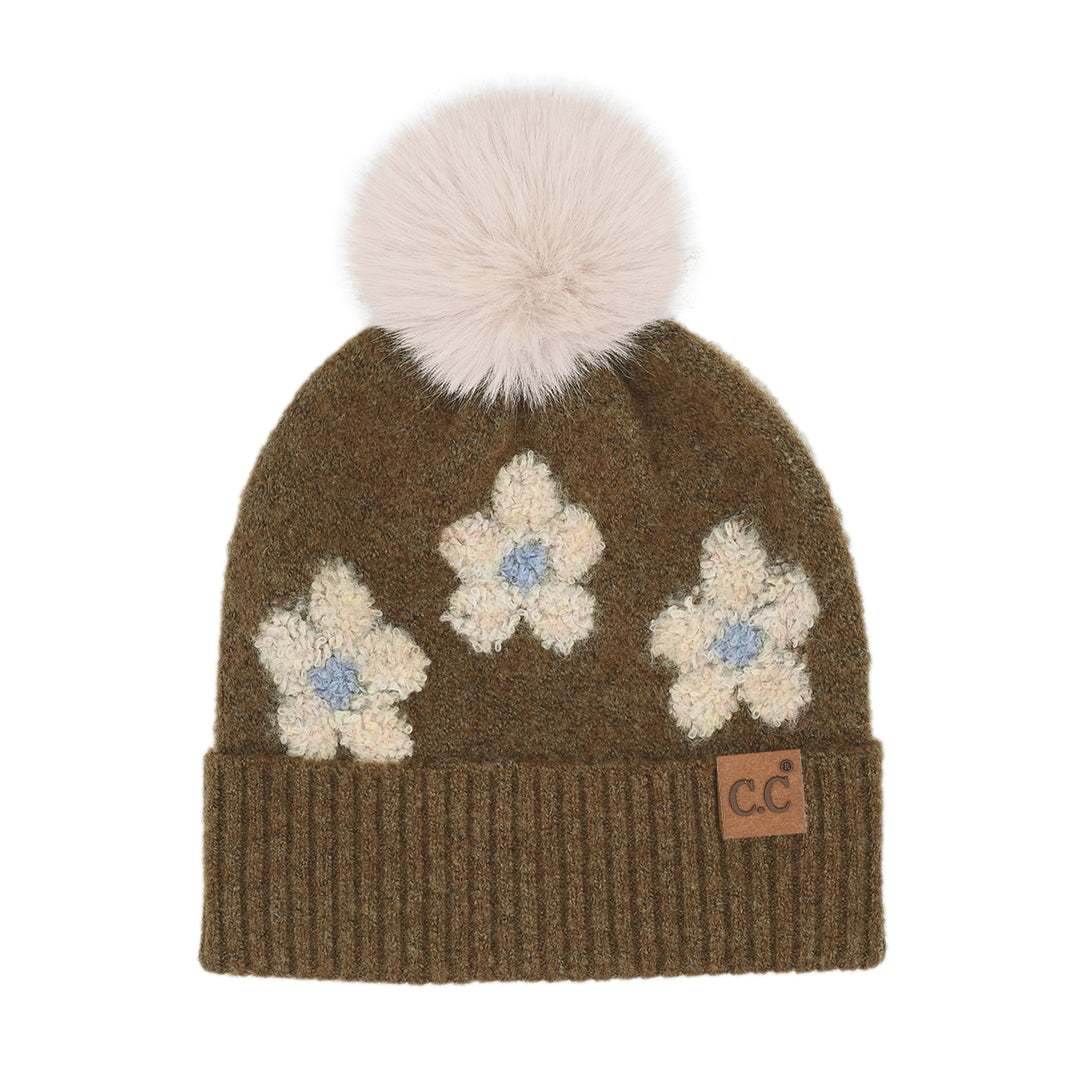 DAISY PATTERN BEANIE W/POM - HEATHER BROWN