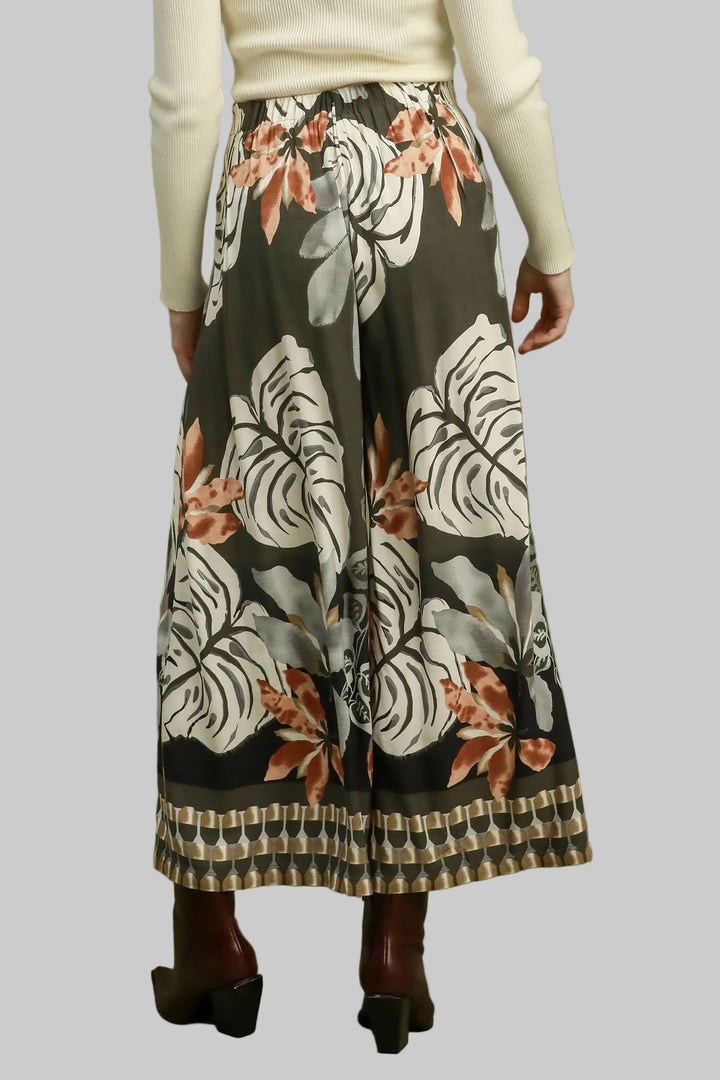 TROPICAL PRINT WIDE LEG PALAZZO PANTS - ESPRESSO/ASH