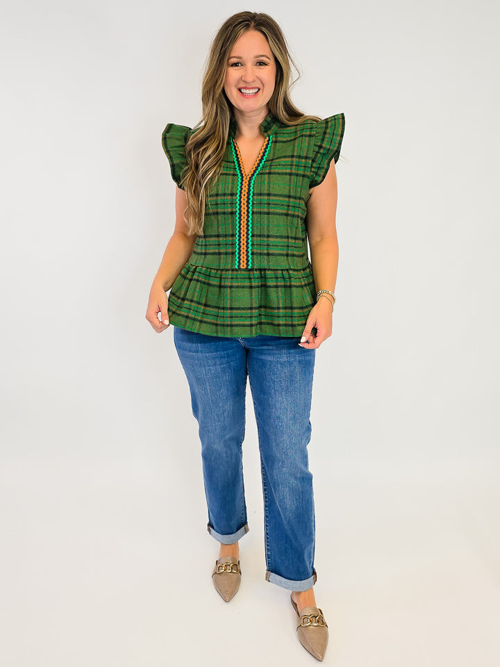 PEPLUM PLAID FLANNEL TOP W/WAVY TRIM DETAIL - OLIVE