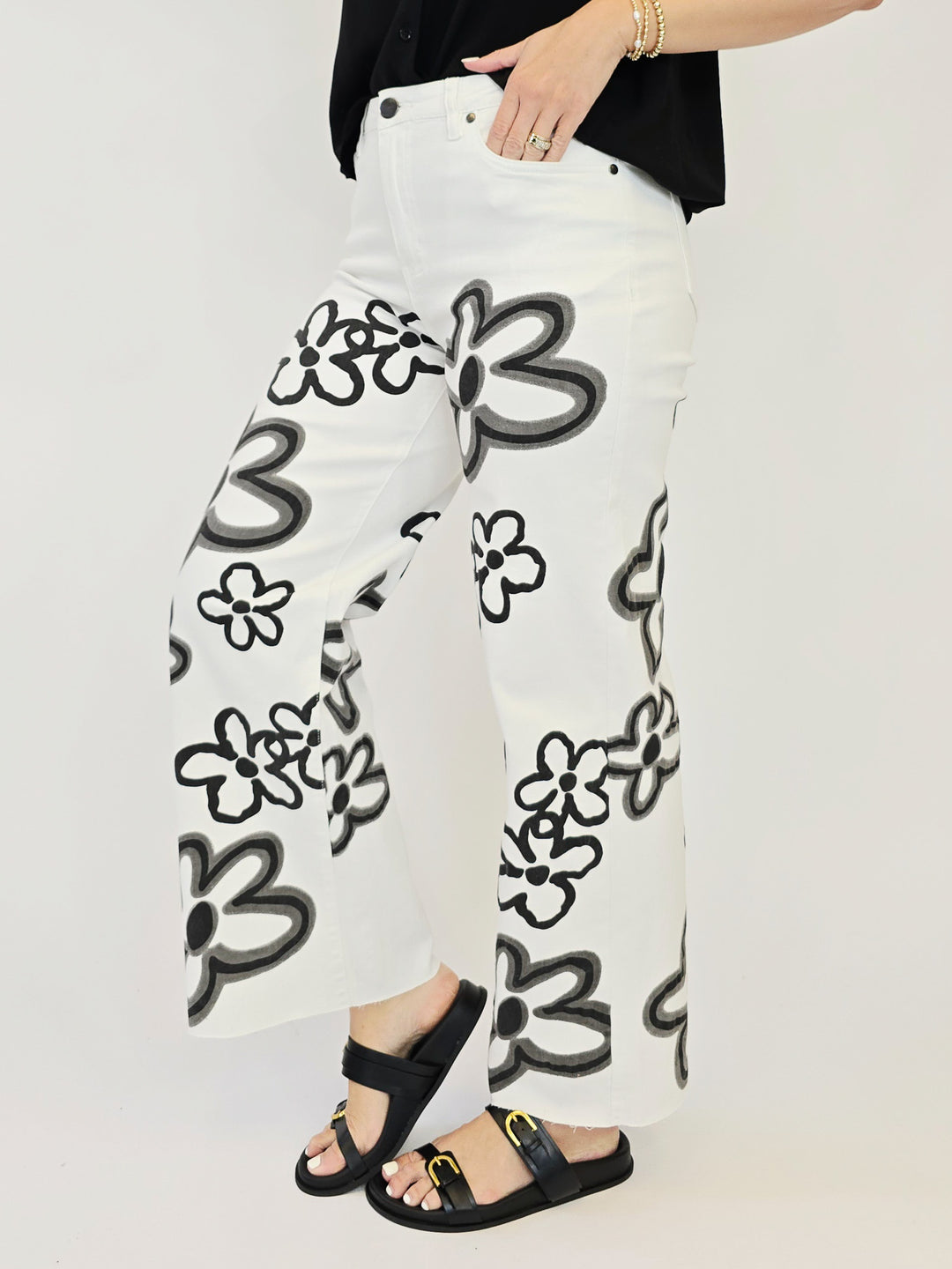 FLOWER PRINT WASHED TWILL WIDE LEG PANTS - WHITE