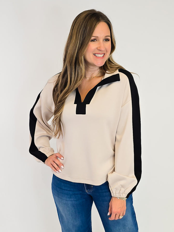 LONG SLEEVE COLLARED CONTRAST COLOR PULLOVER - OATMEAL