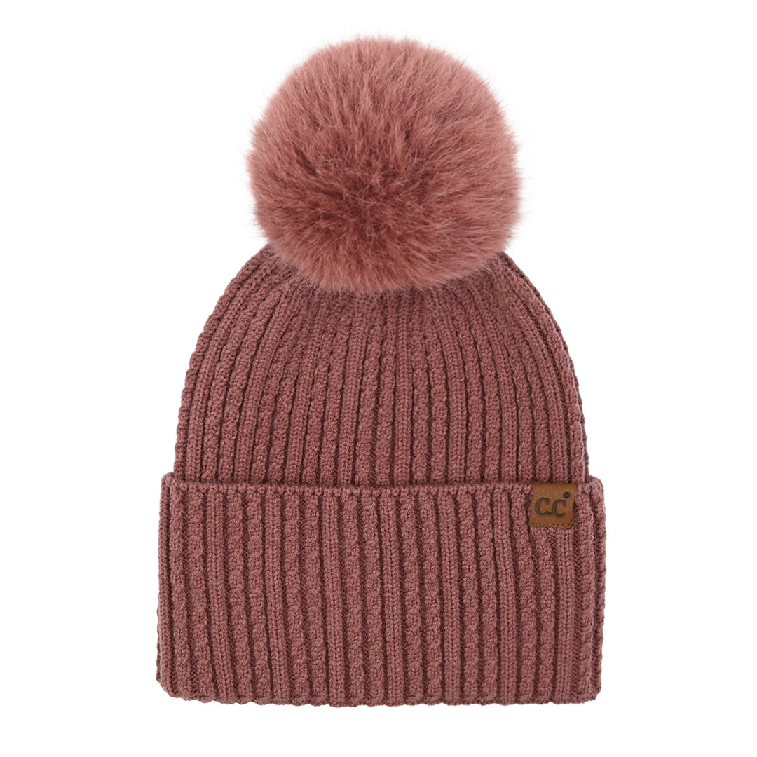 CABLE CUFF POM BEANIE - BERRY