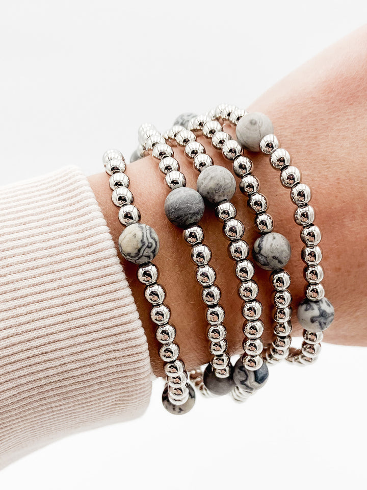 S/5 ROUND STONE STRETCH BRACELETS - SILVER