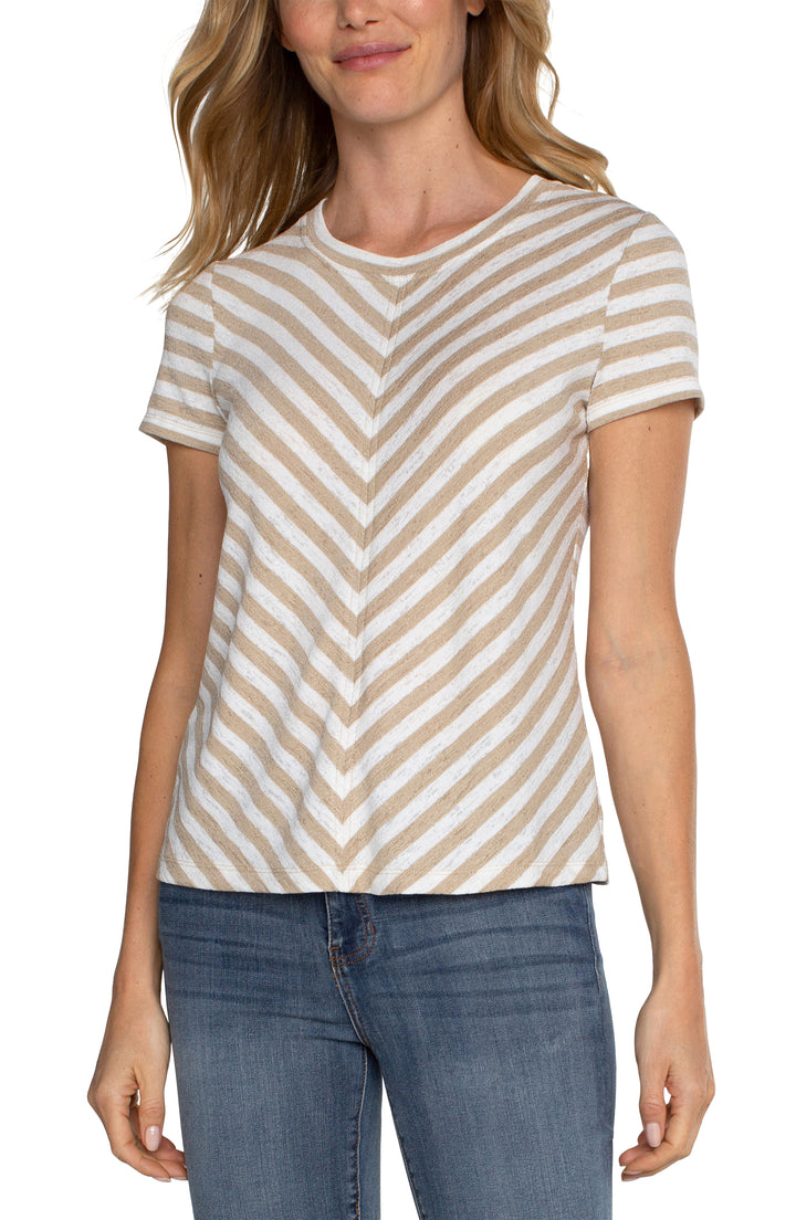 SHORT SLEEVE KNIT TOP W/MITER - CREAM TAN STRIPE