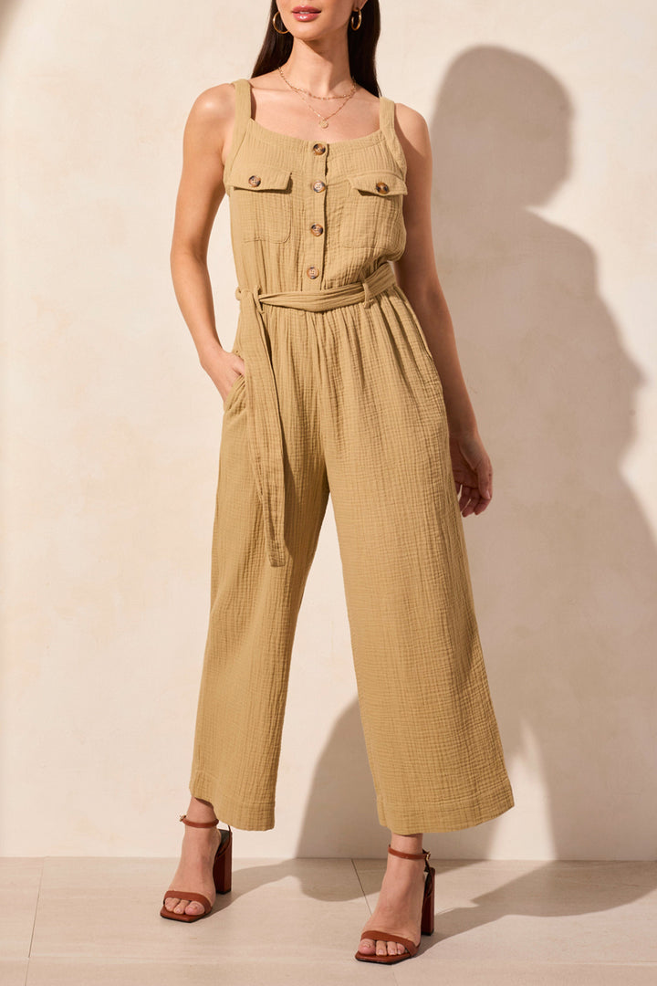 COTTON GAUZE BELTED JUMPSUIT - NUDE OLIVE