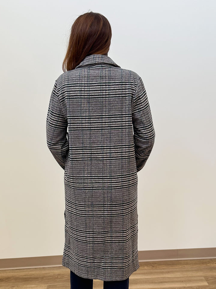 HOUNDSTOOTH PLAID LONG COAT - CHARCOAL GREEN