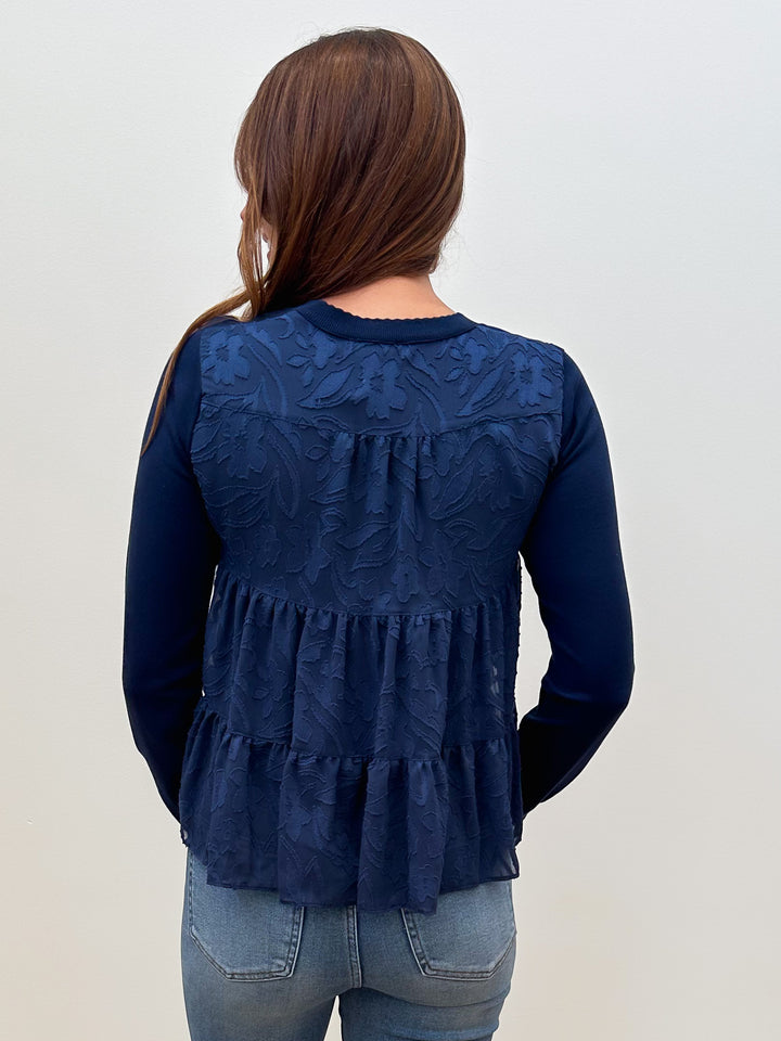 MIXED MEDIA FLORAL BACK SWEATER - NAVY