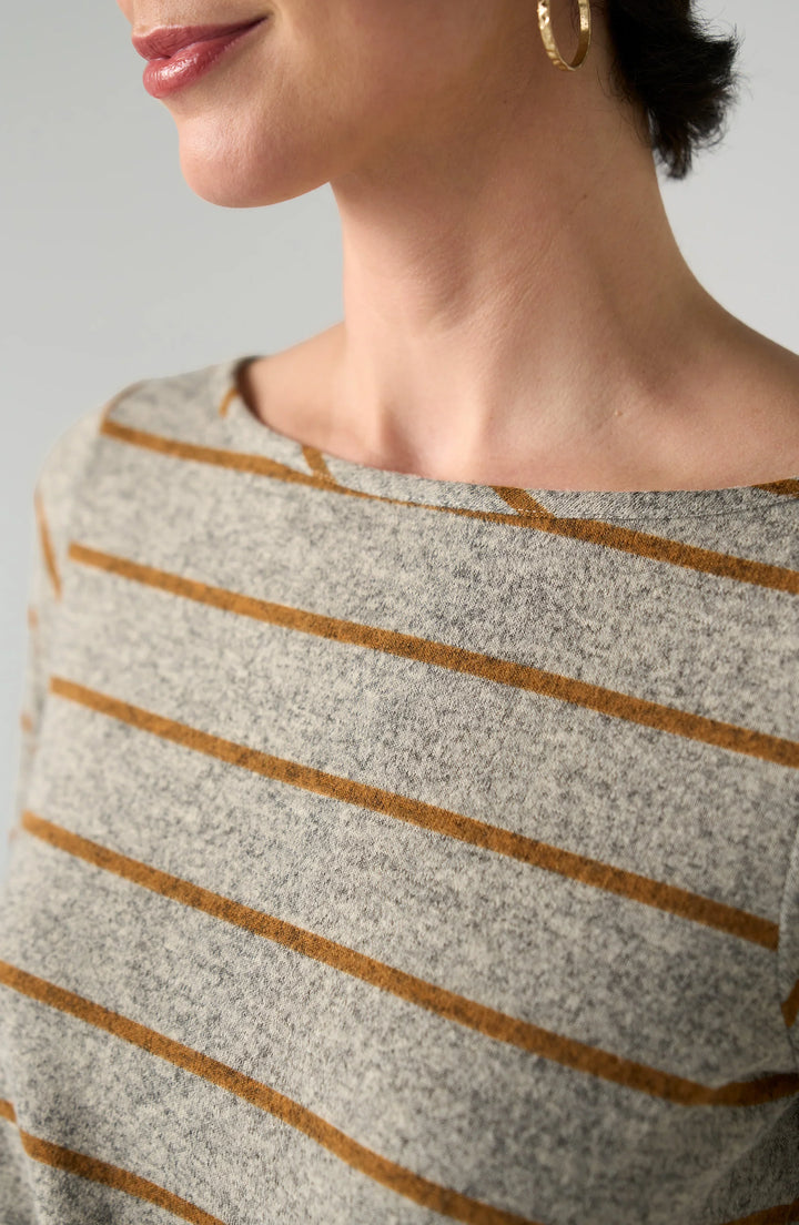 PETITE LONG SLEEVE BOAT NECK KNIT TOP W/TWIST DETAIL - GRAY/YELLOW STRIPE