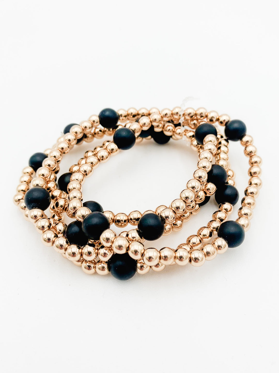 S/5 ROUND STONE STRETCH BRACELETS - GOLD/BLACK