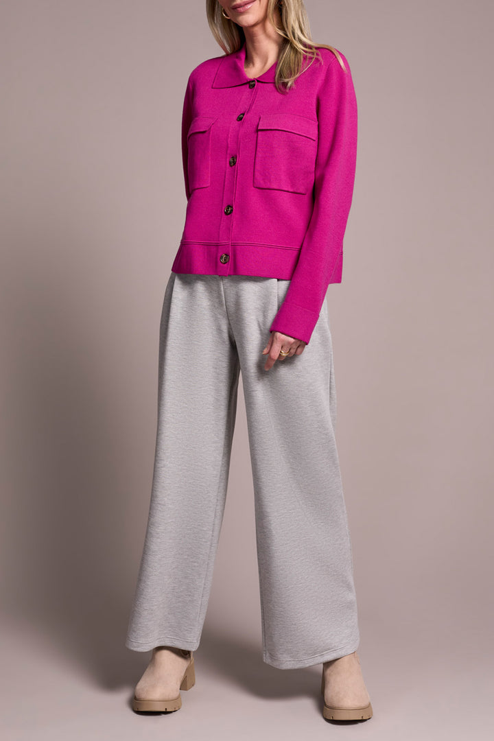 DOUBLE KNIT COLLARED SWEATER CARDIGAN - PINK FLAMBOYANT