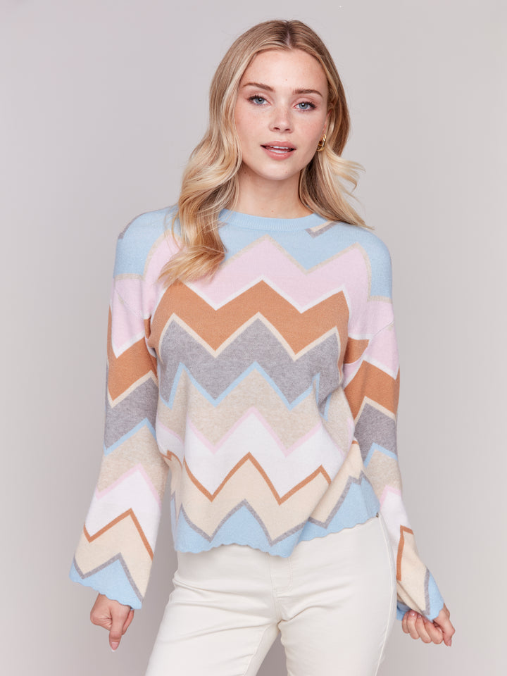 CHEVRON KNIT BELL SLEEVE SWEATER - CANDY