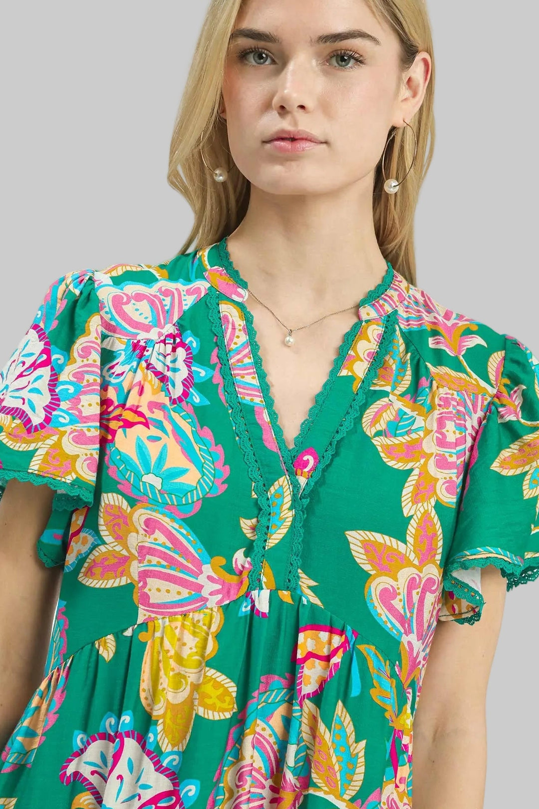 FLUTTER SLEEVE MIX BOHO FLORAL TIERED MIDI DRESS - EMERALD MIX