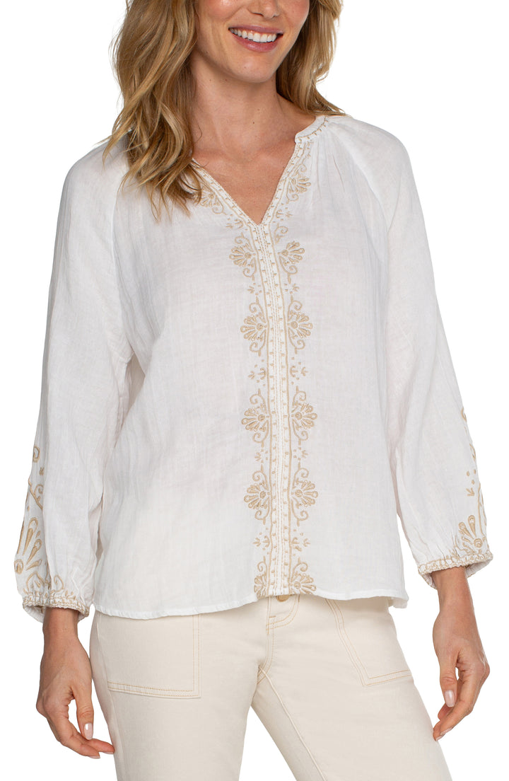 LONG SLEEVE EMBROIDERED DOUBLE GAUZE WOVEN TOP - OFF WHITE