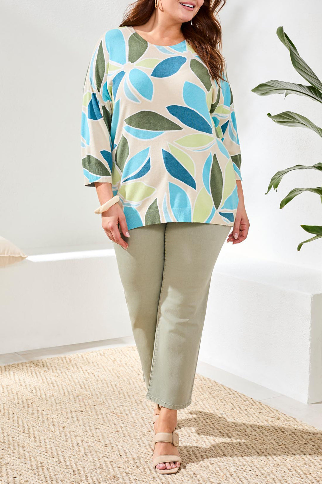 SOFT YARN 3/4 SLEEVE CREW NECK SWEATER - AQUA SKY