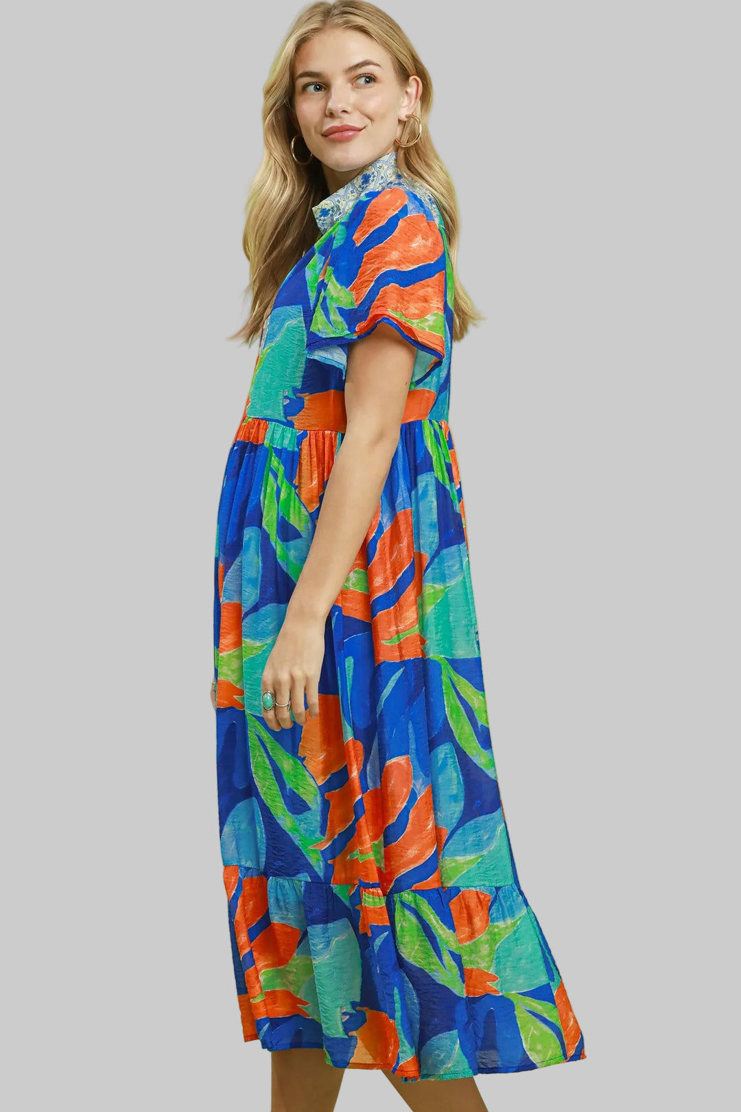FLUTTER SLEEVE MIX MEDIA PRINTED MIDI DRESS - CERULEAN MIX