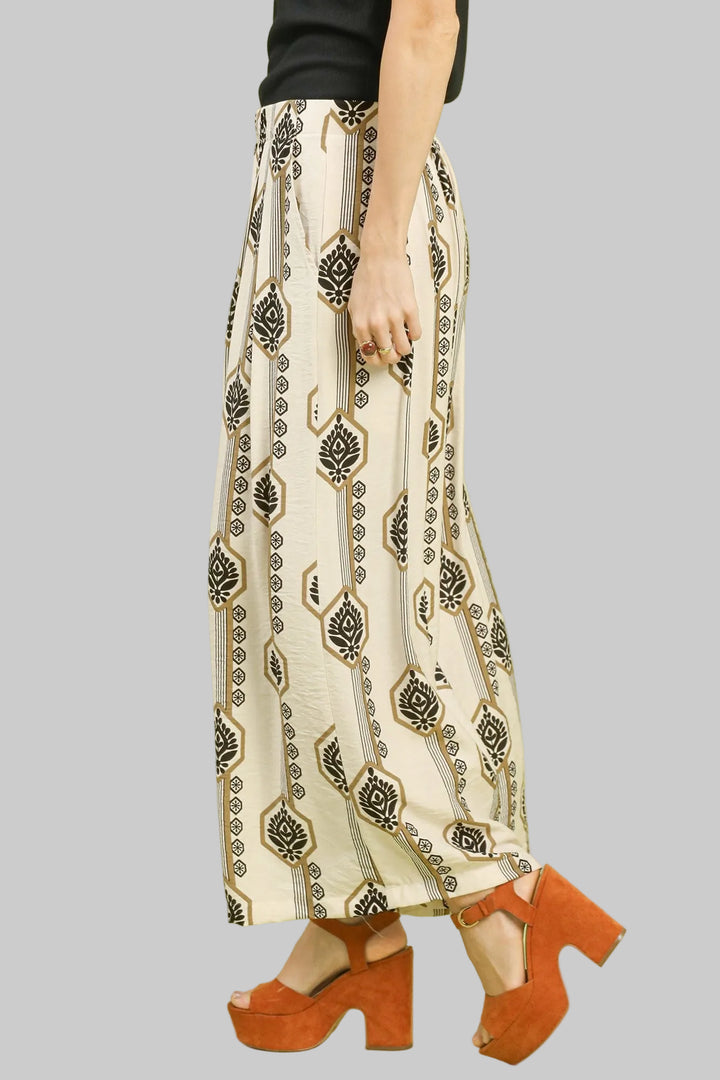 GEOMETRIC BOHO PRINT WIDE LEG PANTS - BLACK