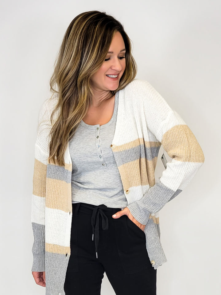 Color Block Sweater Cardigan - Taupe Ivory
