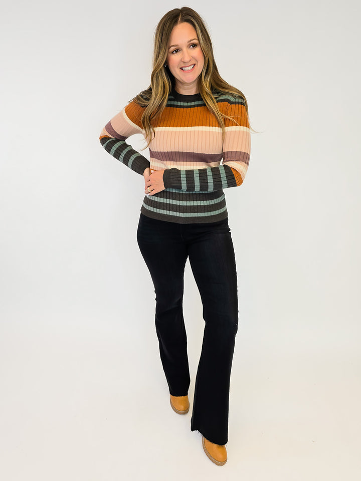 COLOR BLOCK STRIPED RIBBED KNIT SWEATER - CAMEL/GREEN