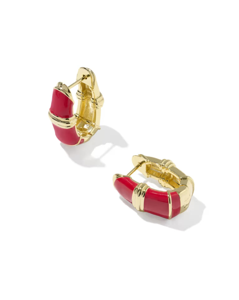 KENDRA SCOTT COURTNEY ENAMEL HUGGIE EARRINGS - GOLD RED ENAMEL