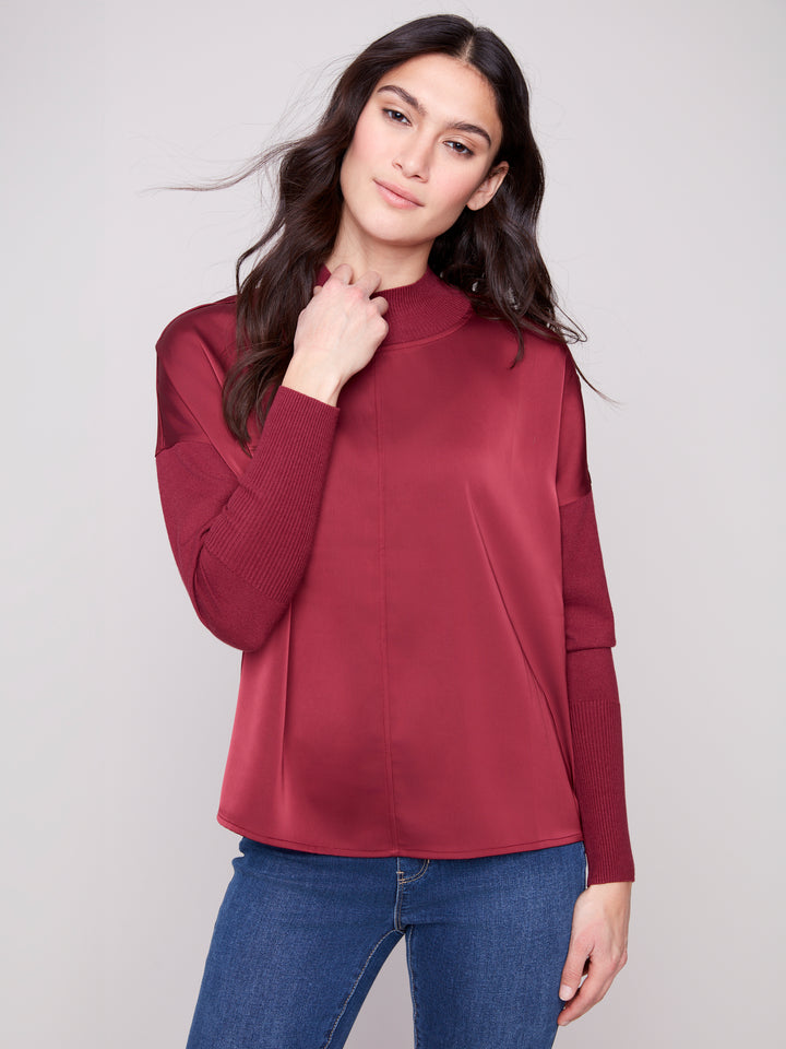 MOCK NECK SATIN KNIT TOP - CABERNET