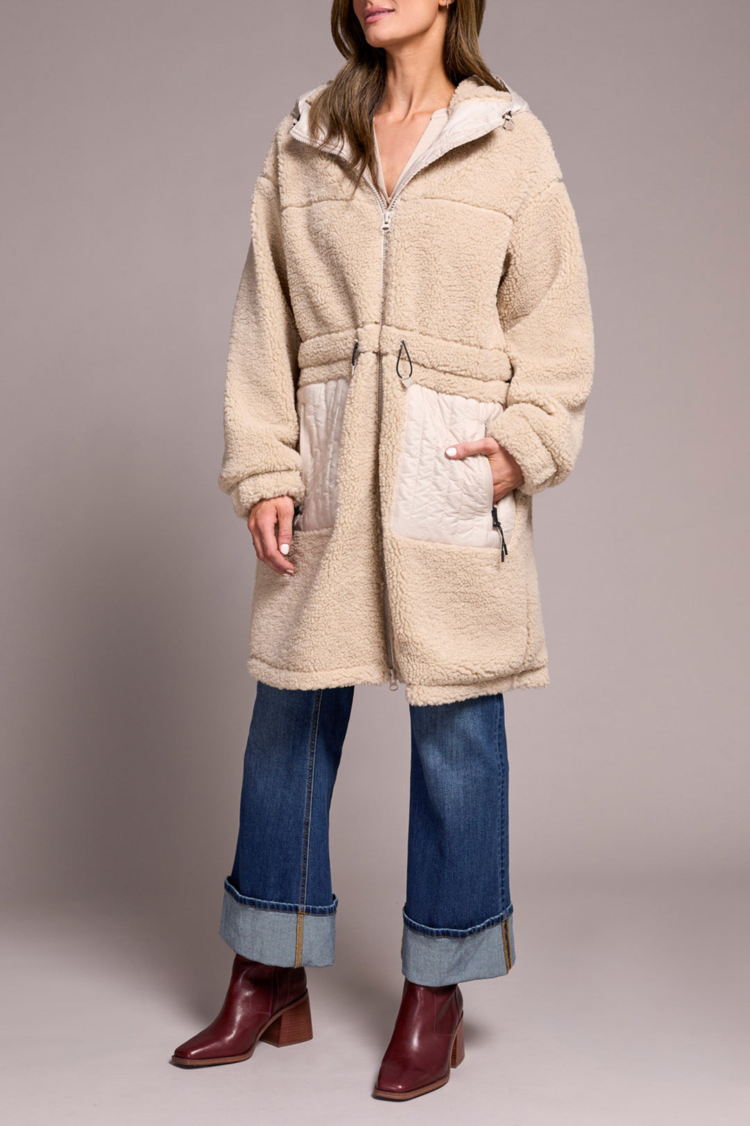 LONG SLEEVE ZIP FRONT COAT W/HOOD - SANDSTONE