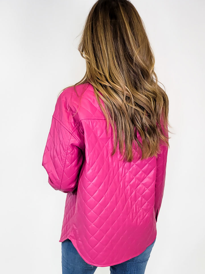 QUILTED FAUX LEATHER SHACKET - DARK FUCHSIA